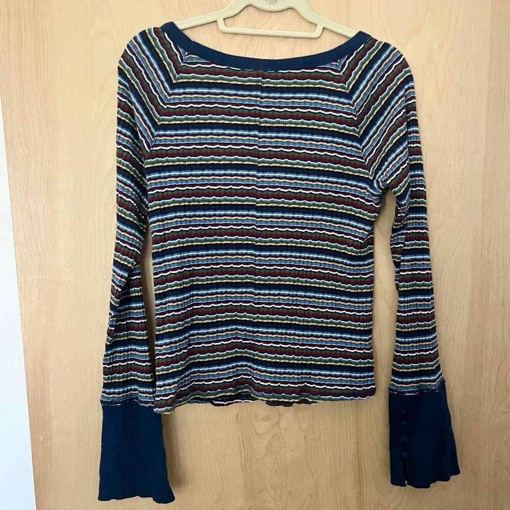 Free People Donna Striped Tee Grunge Top Navy Large